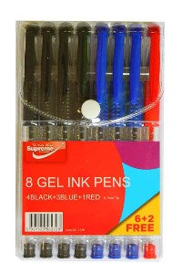 PEN GEL INK ASST BLK/BL/RD 8PK