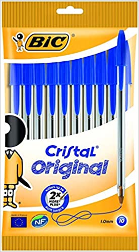 BIC Cristal Original Ballpoint Pens Medium Point (1.0 mm) - Blue, Pouch of 10