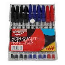 Supreme 10 High Quality Ball Pens - 3 Assorted Colours